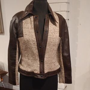 Brown and Cream Women's Leather and Tweed Jacket